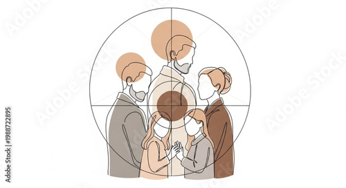 Stylized illustration of a diverse family group standing together.