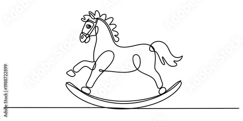 A minimalist single continuous line drawing of a classic wooden rocking horse for children play Vector, illustration