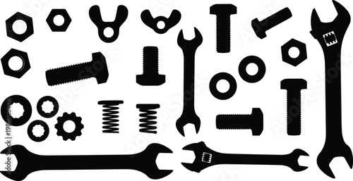 Industrial hardware tools collection with bolts nuts wrenches screws and metal fasteners isolated on white background cad drawing flat vector illustration