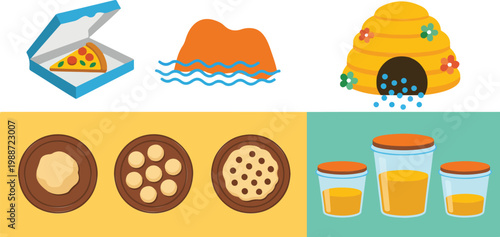 Flat cartoon illustration set featuring pizza in a box beehive landscape and spice jars for food blog graphics and cafe menu design elements collection vector