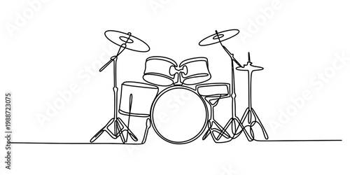 A continuous single line drawing illustrating a complete drum set used for playing percussion music Vector, illustration