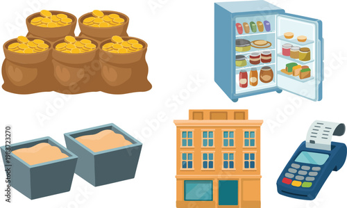 Flat cartoon illustration set featuring money sacks refrigerator with food groceries building facade and payment terminal for banking and retail business design elements