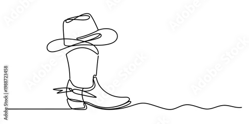 Minimalist continuous line drawing depicting a classic cowboy boot and hat on a plain background Vector, illustration