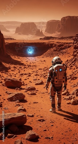 Astronaut approaches glowing portal on desolate, rocky Mars landscape