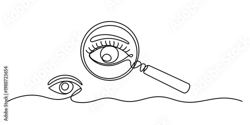 A continuous line drawing of an eye being examined through a magnifying glass by another eye view Vector, illustration