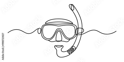 A single continuous line drawing of a scuba diving mask and snorkel set for underwater exploration. Vector, illustration