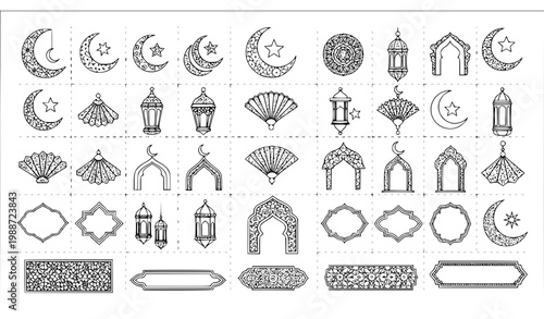 Premium Ramadan decorative line art collection black and white vector with lantern and arch