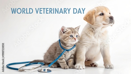 Puppy and kitten with stethoscope representing veterinary care and health.