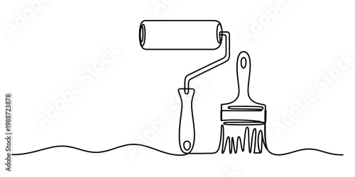 Continuous line drawing of a paint roller and a paintbrush side by side on a simple white surface Vector, illustration