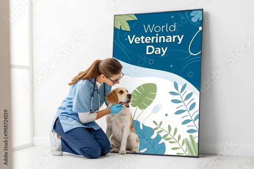 Veterinarian caring dog beside World Veterinary Day poster indoors.
