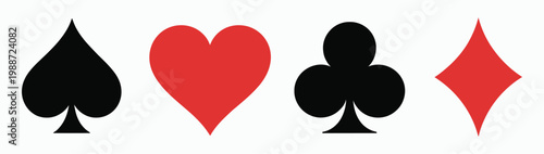 Four Playing Card Suits, Spade, Heart, Club, Diamond, Isolated on White, classic gambling symbols set, minimal vector design, casino and card game icon collection
