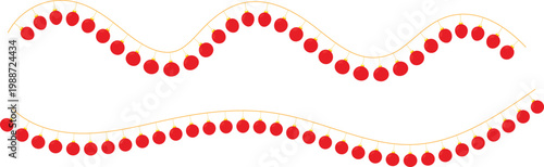 Two elegant wavy garlands of bright red Christmas ornaments on graceful golden threads