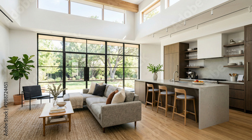 This stunning modern open-plan interior features high ceilings, a wall of glass windows, a sleek kitchen with a large island, and a cozy living area filled with natural light.