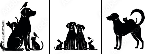 Black Silhouette Pet Group Set with Dogs, Cats, and Birds for Veterinary, Animal Care, and Pet Shop Logo Designs