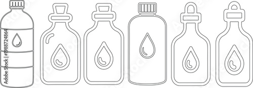 Isolated fork, knife, and spoon set alongside a transparent glass bottle of fresh mineral water and a green wine container on a clean white background