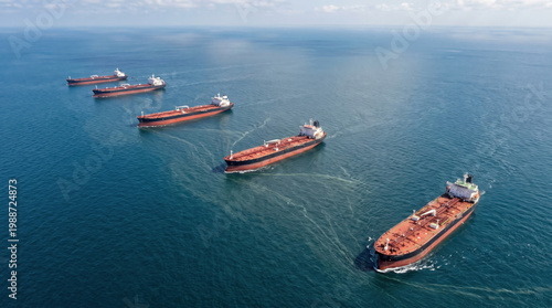 Fleet of Large Oil Tankers Sailing in Open Sea Aerial Shot