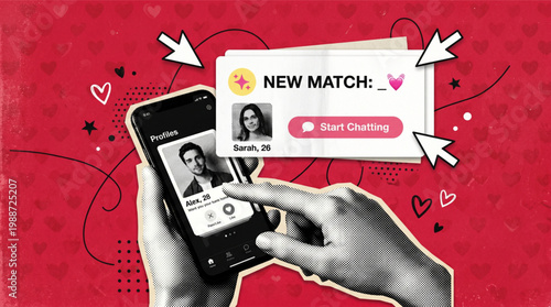 Trendy halftone collage of online dating app on smartphone screen with new match notification. Hands holding phone showing profiles of people seeking romance and love in digital world background