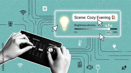 Smart home automation halftone collage featuring human hands adjusting lighting and temperature on a digital interface for cozy evening ambiance with various internet of things connected assets.