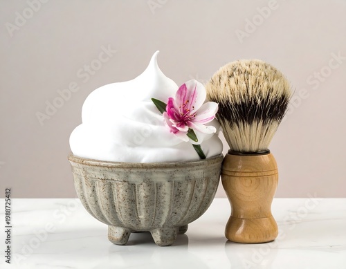 Shaving cream and brush on table.
