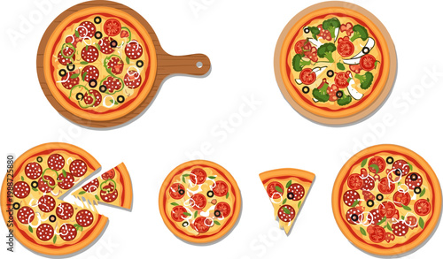 Pizza Set with Different Toppings Whole and Sliced Italian Food Collection Delicious Fast Food Illustration Isolated on White Background Vector