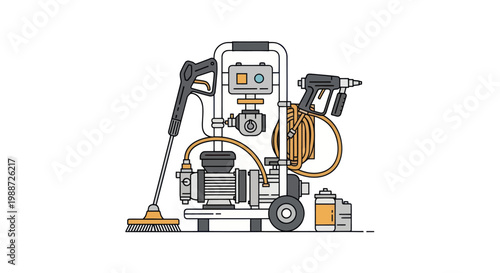 Illustration of a pressure washing machine with accessories