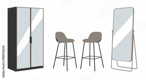 Modern furniture set: wardrobe, bar stools, and full-length mirror