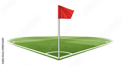 Soccer corner kick with red flag on green field