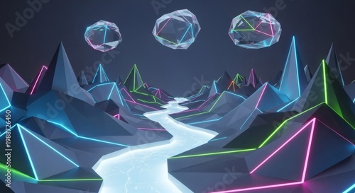 Futuristic Neon Valley with Geometric Mountains and Luminous River
