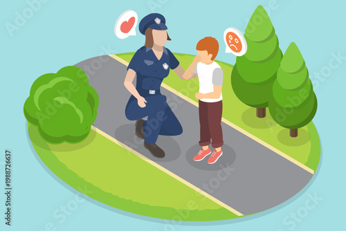 3D Isometric Flat Vector Illustration of Sad Lost Kid, Upset Baby Crying In Busy City Locale