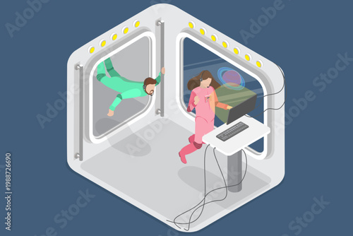 3D Isometric Flat Vector Illustration of Space Station, Female Astronauts In Spacecraft