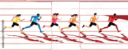 Diverse Athletes Running on Track in Colorful Sportswear Illustration Set for Sports, Fitness, and Competition Event Designs
