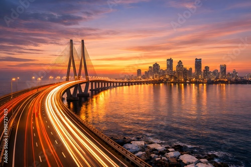 Mumbai cityscape with Bandra-Worli Sea Link bridge at sunset