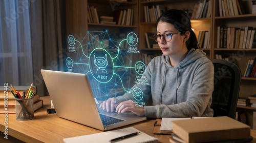 A young woman with glasses sits at a desk in a library working on a laptop with a digital interface on the screen