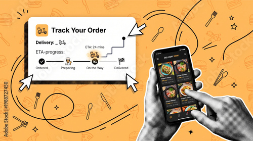 Modernist halftone collage showing a food delivery app on a smartphone with order tracking status and ETA progress card. Trendy orange background with food icons for online meal ordering service