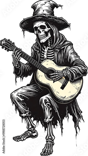 skeleton playing guitar in hat.
