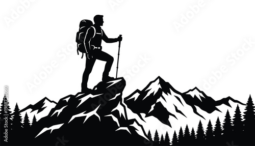 Hiker standing on mountain peak isolated on white background