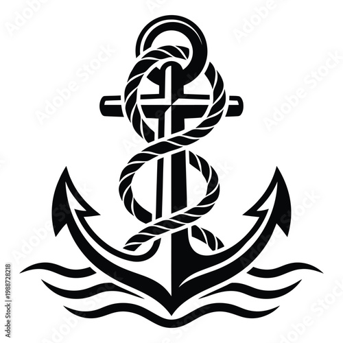 Foto Anchor with rope wrapped around it and stylized waves