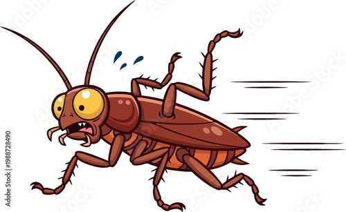 Funny Cartoon Cockroach Running Fast in Scared Expression for Kids, Comics, Pest Control, and Creepy Insect Character Design Elements