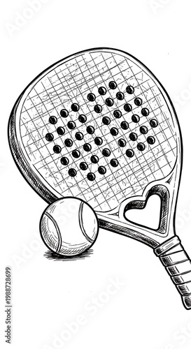 Black and white sketch of a paddle racket with a ball in front
