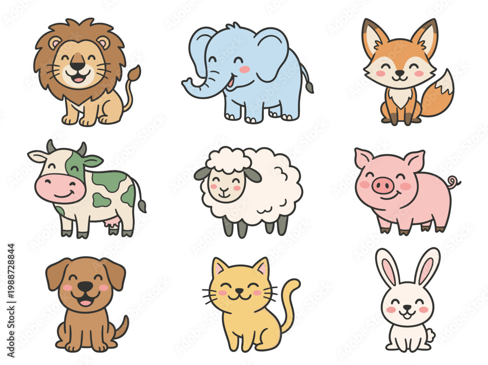 Fototapeta premium Cute animal character collection: set of 9 hand-drawn farm, wild, and pet illustrations.