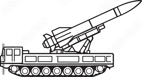 Military guided missile launcher vehicle outline vector illustration for defense army equipment warfare technology minimal line art design