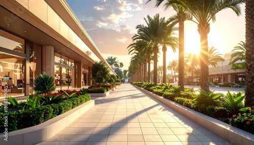 A sunlit outdoor pathway lined with shops, palm trees and lush greenery. The warm sunset casts shadows across the tiled pavement