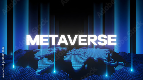 A futuristic digital globe displays the Metaverse concept with glowing blue lines and lights on a dark background with continents.