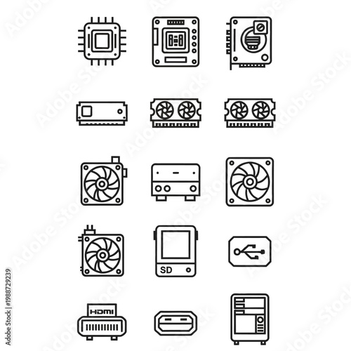 Computer hardware icons, electronic components, technology symbols, circuit board elements, 12 pcs