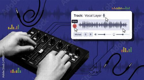 Professional music producer hands operating a mixing board console with digital interface overlay for vocal layer track editing, sound wave visualization and modern halftone collage art effect.