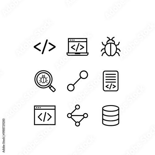 Coding, web development, and bug fixing icons, set of 9 line style graphics, programming symbols, web design elements, bug and code vector illustrations