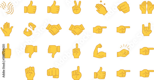 Yellow Emoji Hand Gesture Icon Set with Thumbs Up, Peace, Pointing, Handshake, Fist, and Various Finger Signs for Social Media Designs