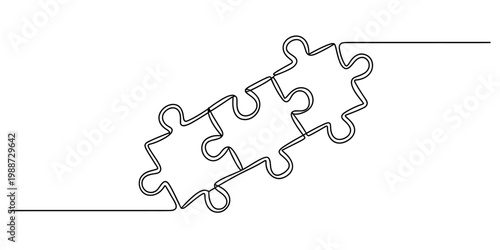 A single continuous line drawing of three puzzle pieces connected together on a white background Vector, illustration