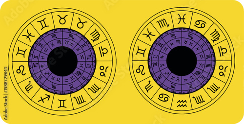 Zodiac Wheel Circle Set with Astrology Signs and Symbols on Yellow and Purple Background for Horoscope and Spiritual Designs
