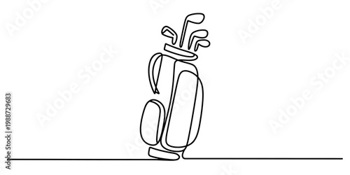 A single continuous line drawing of a golf bag filled with various clubs for the sport of golf Vector, illustration